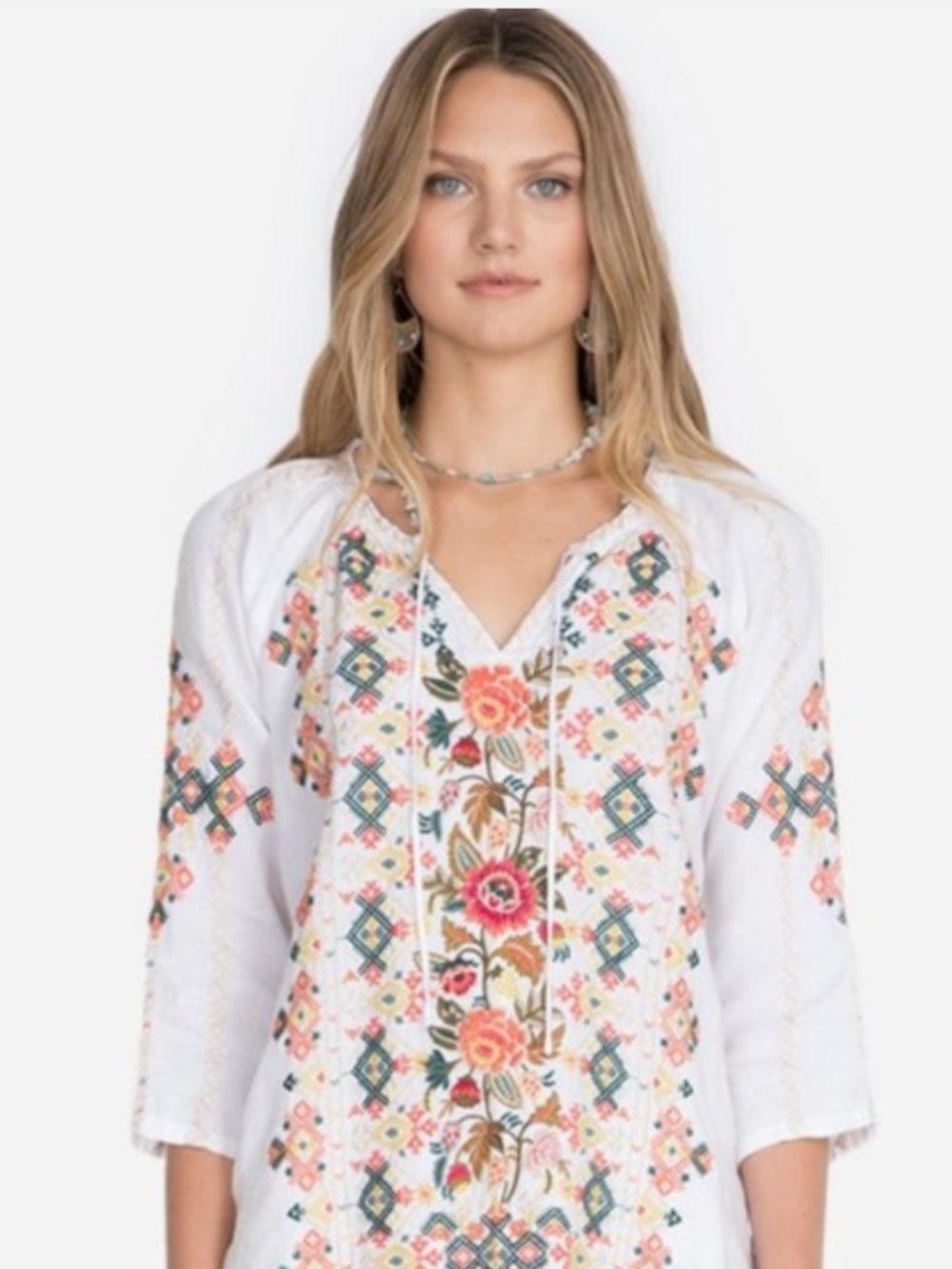 NWT Johnny Was White Linen Tunic with Embroidery Large Chandra Peasant - Picture 3 of 5